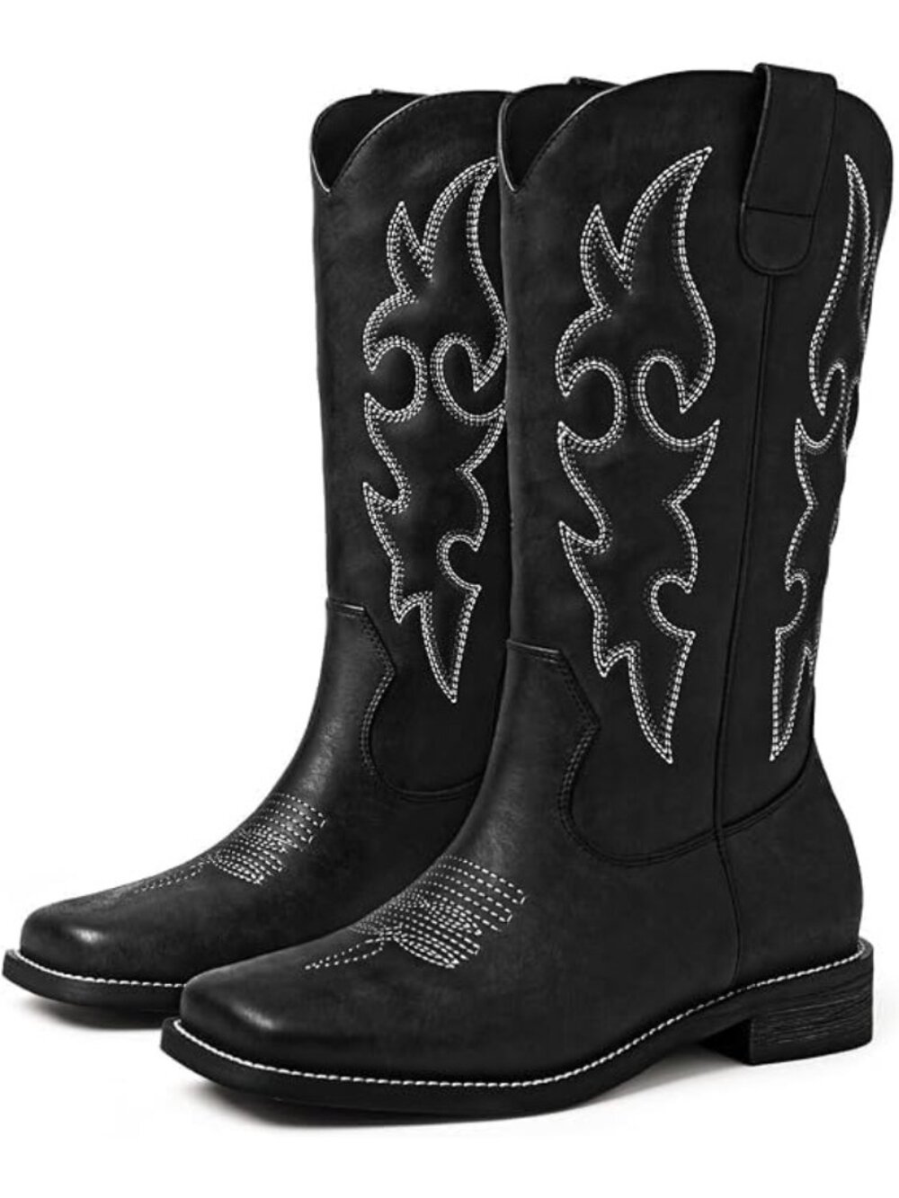 Women's Black Square Toe Mid Calf Western Cowgirl Boots Pull On Low Chunky Heels